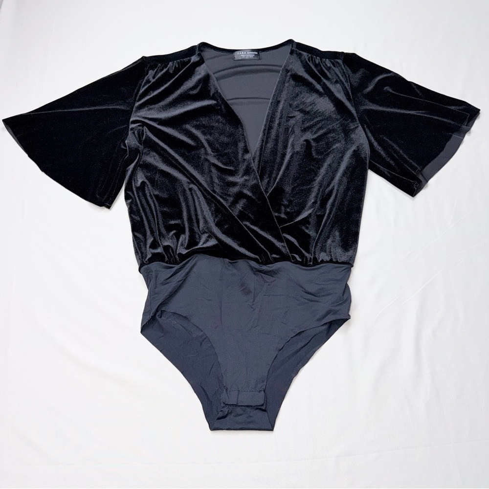 Zara Black velvet batwing sleeve bodysuit